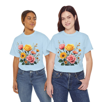 Wildflowers and Pink & Yellow Roses, Graphic T-Shirts for Women, Floral Shirt, Womens Short Sleeve, Ladies Graphic Tees #5146TTS