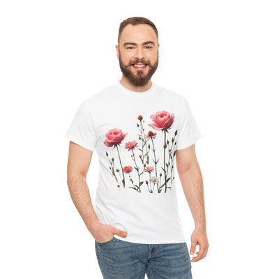 Wildflowers and Pink Roses, Graphic T-Shirts for Women, Floral Shirt, Womens Short Sleeve, Ladies Graphic Tees #5018TTS