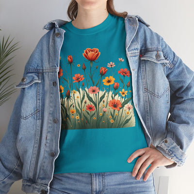 Wildflowers and Orange Roses, Graphic T-Shirts for Women, Floral Shirt, Womens Short Sleeve, Ladies Graphic Tees #5047TTS