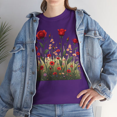 Wildflowers and Red Roses, Graphic T-Shirts for Women, Floral Shirt, Womens Short Sleeve, Ladies Graphic Tees #5032TTS