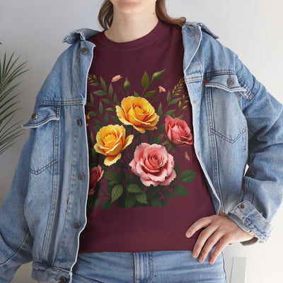 Wildflowers and Pink & Yellow Roses, Graphic T-Shirts for Women, Floral Shirt, Womens Short Sleeve, Ladies Graphic Tees #5149TTS