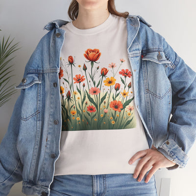 Wildflowers and Orange Roses, Graphic T-Shirts for Women, Floral Shirt, Womens Short Sleeve, Ladies Graphic Tees #5047TTS