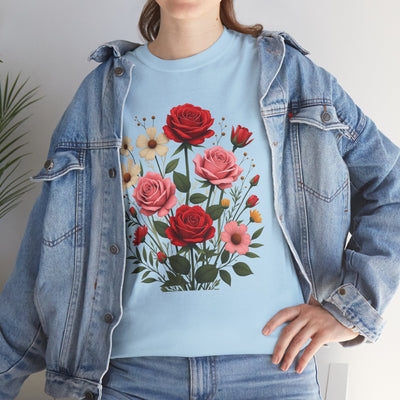 Wildflowers and Pink & Red Roses, Graphic T-Shirts for Women, Floral Shirt, Womens Short Sleeve, Ladies Graphic Tees #5134TTS