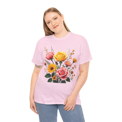 Wildflowers and Pink & Yellow Roses, Graphic T-Shirts for Women, Floral Shirt, Womens Short Sleeve, Ladies Graphic Tees #5146TTS