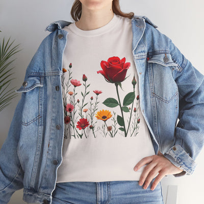Wildflowers and a Red Rose, Graphic T-Shirts for Women, Floral Shirt, Womens Short Sleeve, Ladies Graphic Tees #5006TTS