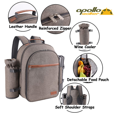Brown backpack picknic basket for 2 people details
