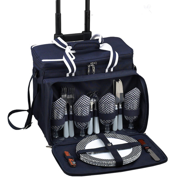 Picnic at Ascot  picnic basket Front open blue with plates for 4