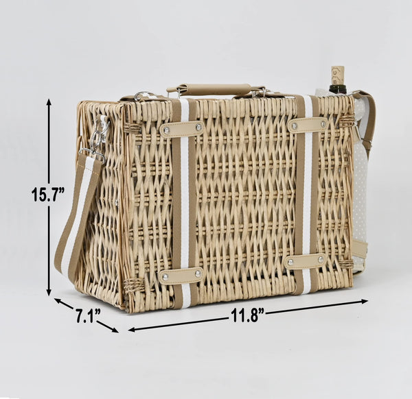Tan Wicker Picnic Basket with tan handle and dimensions closed