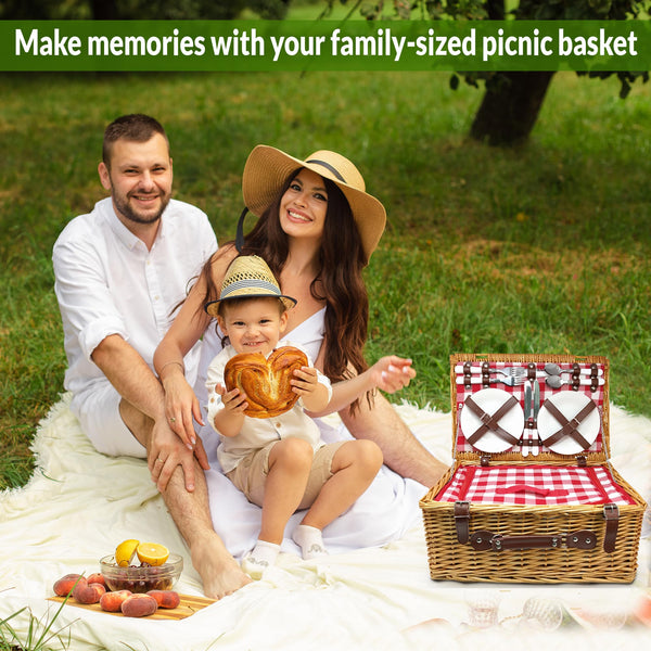Wicker Picnic Basket showing plates and utensils with red inside
