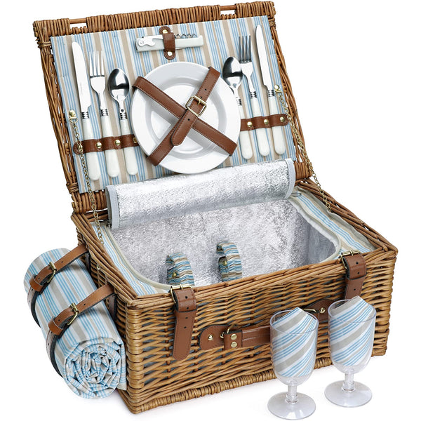 Wicker Picnic Basket with brown handle open with plates and glasses