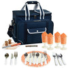 blue Picnic Basket closed with strap and serving set for four