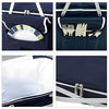 blue insulated picknic basket with service for four and 4 views