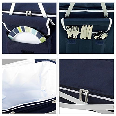 blue insulated picknic basket with service for four and 4 views