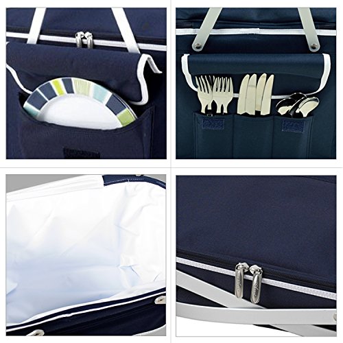 blue insulated picknic basket with service for four and 4 views