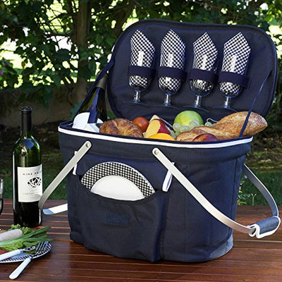 blue insulated picnic basket with serving set for 4 people open