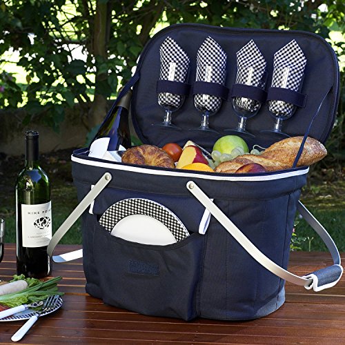 blue insulated picnic basket with serving set for 4 people open