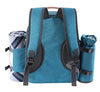 blue picnic backpack closed rear view with straps