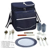 blue picnic basket for two people closed with plates and utensils