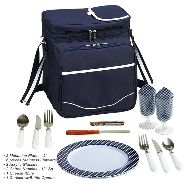 blue picnic basket for two people closed with plates and utensils
