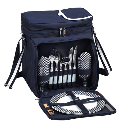 blue picnic basket for two people open with plates and utensils