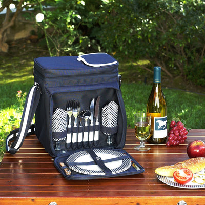 blue picnic basket for two with strap on table