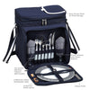 blue picnic basket front view open with 2 plates and utensils