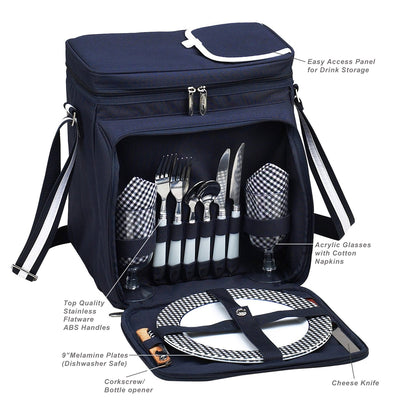 blue picnic basket front view open with 2 plates and utensils