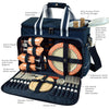 blue picnic basket front view open with 4 plates and utensils