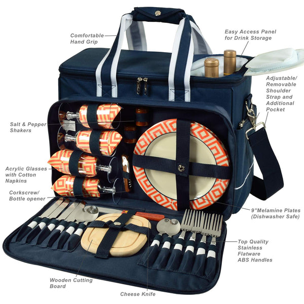 blue picnic basket front view open with 4 plates and utensils