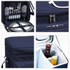 blue picnic basket with strap service for 2 people