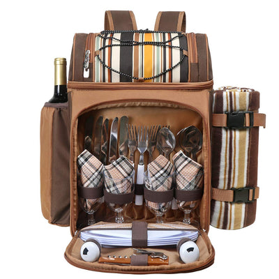 brown and tan picnic basket backpack front open service for four