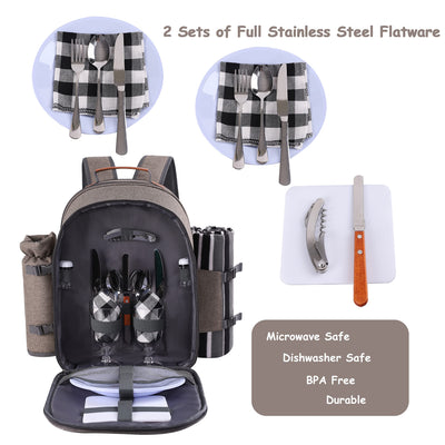 brown backpack picnic basket for two people open front