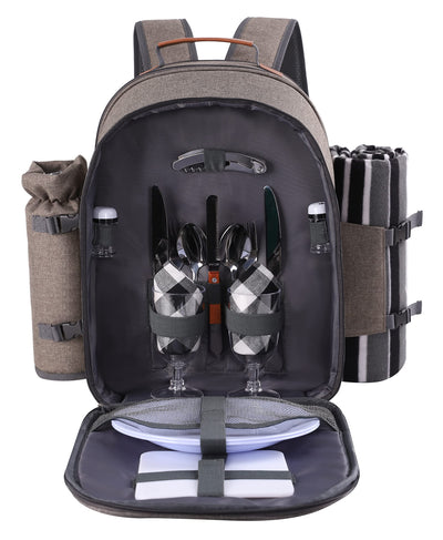 brown picnic basket backpack front open with accessories