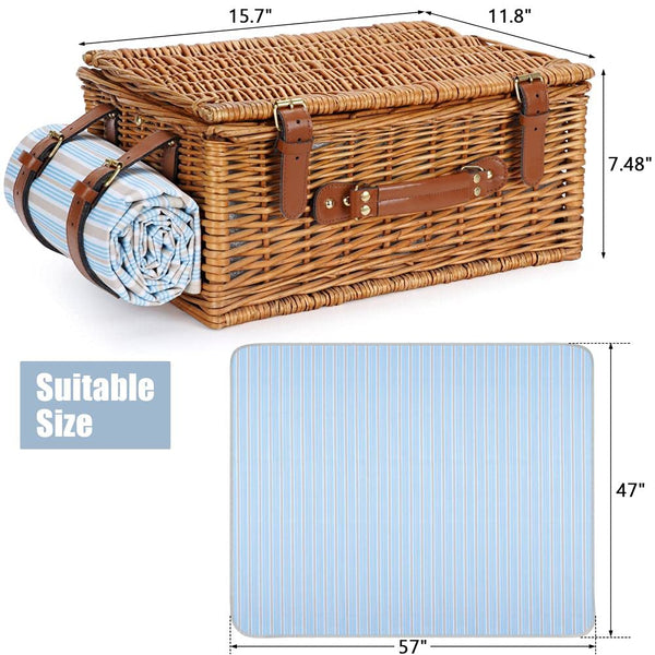 brown picnic basket dimensions closed with rolled up blanket
