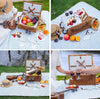 brown picnic basket four views on blanket on grass 