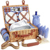 brown wicker Picnic Basket Open with 4 glasses and plates
