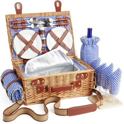 brown wicker Picnic Basket Open with 4 glasses and plates