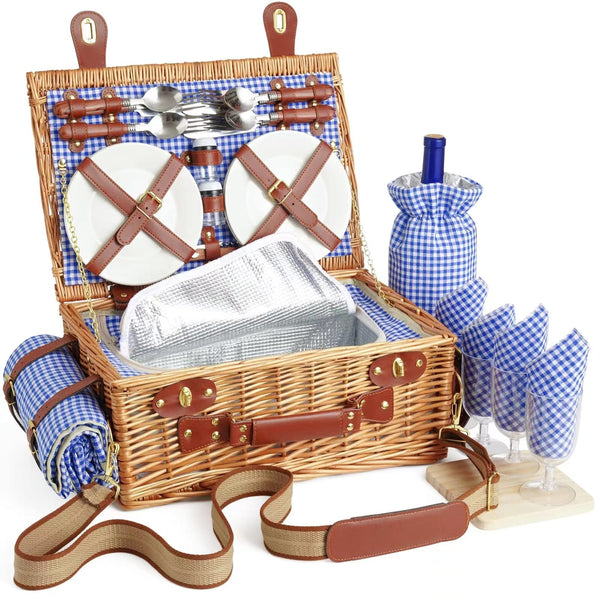 brown wicker Picnic Basket Open with 4 glasses and plates