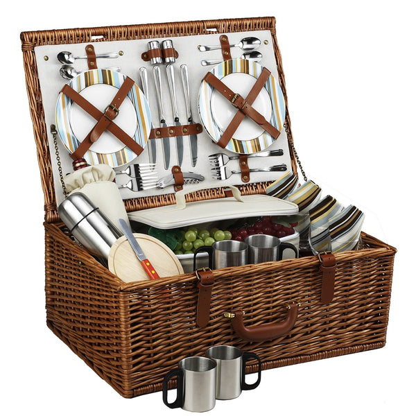 brown wicker picnic basket open showing 4 person cups and plates
