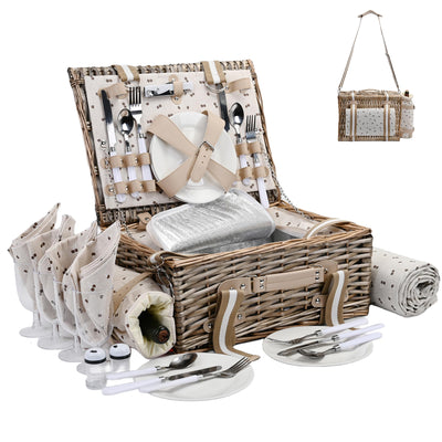 brown wicker picnic basket open showing 4 person serving set