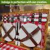 close up inside wicker picnic basket 4 plates and utensils