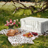 closed white picnic basket on blanket with food