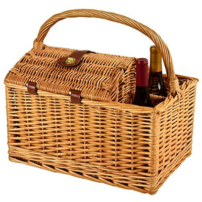 closed wicker picnic basket with wine bottles