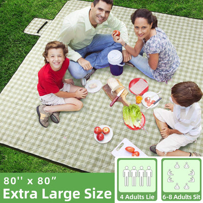 green checkered picnic blanket with family