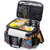 inside teal and red picnic basket with towel holder