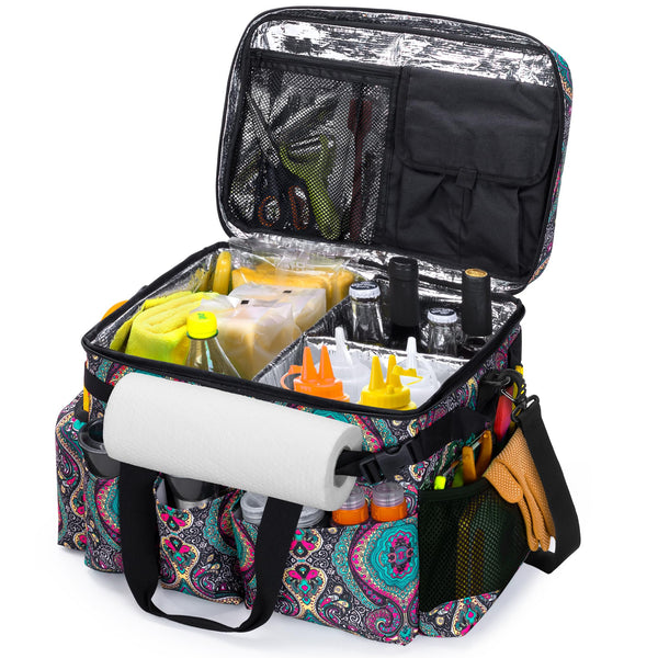 inside teal and red picnic basket with towel holder