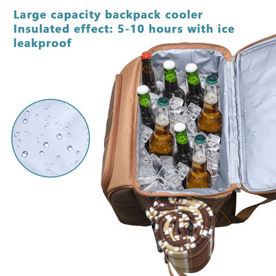 insulated brown backpack picnic basket open with ice and drinks