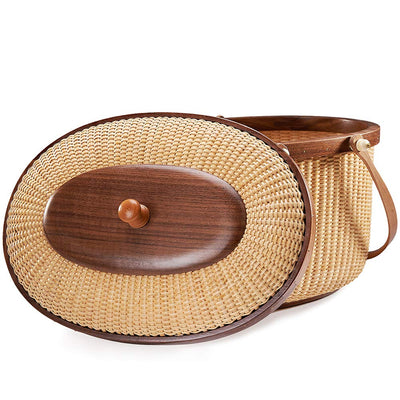  looking at lid and basket oval wicker picnic basket