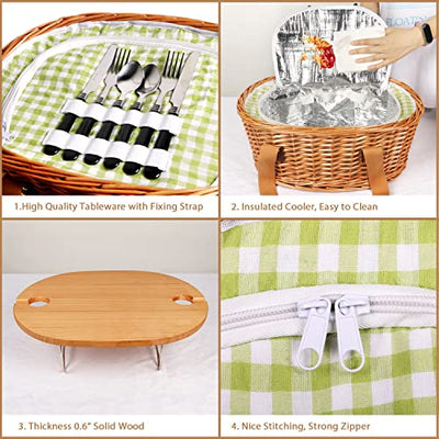 natural insulated wicker picknic basket green and white 4 views