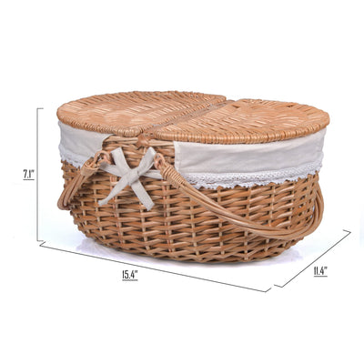natural oval wicker picnic basket closed with dimensions and white cloth insert